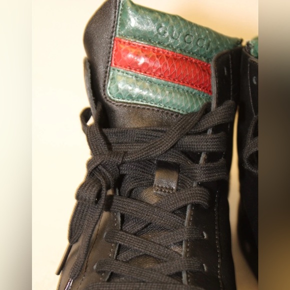 NWT Gucci Men’s Black and Green Snakeskin & Leather Sneakers 368423 - US Sz 10.5 - Picture 4 of 16